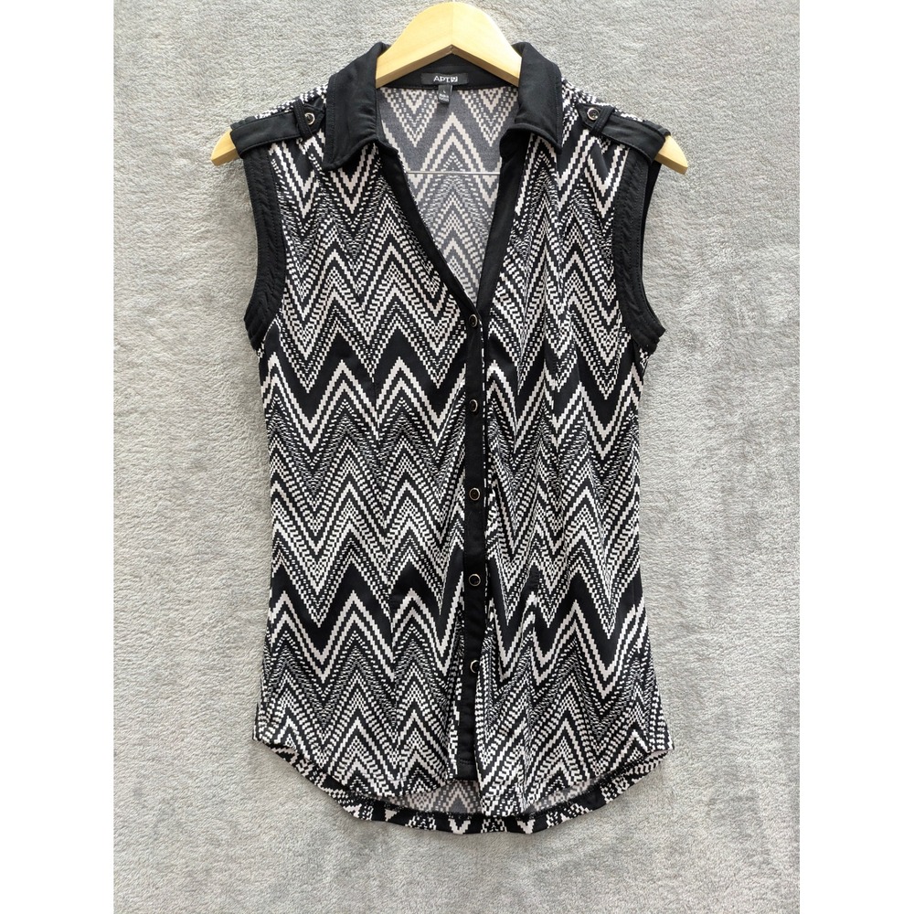Boho Chevron Sleeveless Button‎ Up Blouse Womens Large Black White Geometric Top